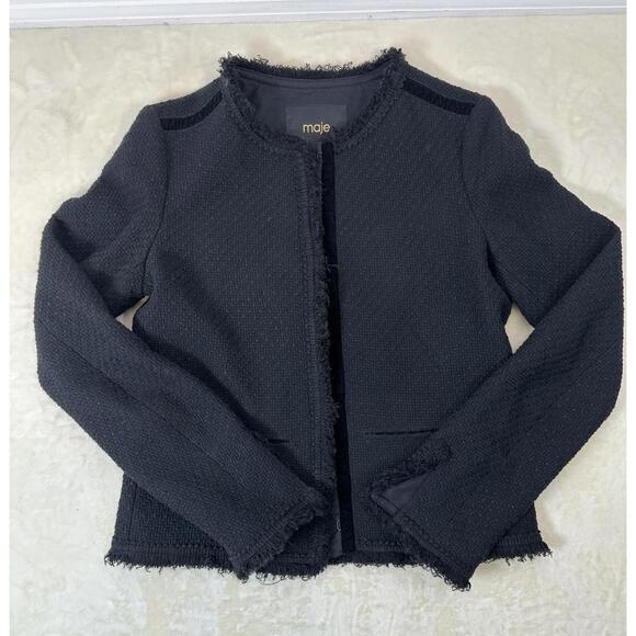 Maje Women’s Sz 36 Black Tweed Cropped Jacket Frayed Trim Classic Quiet Luxury